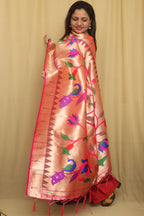 Stunning Pink And Golden Paithani Silk Floral Design Dupatta - Luxurion World