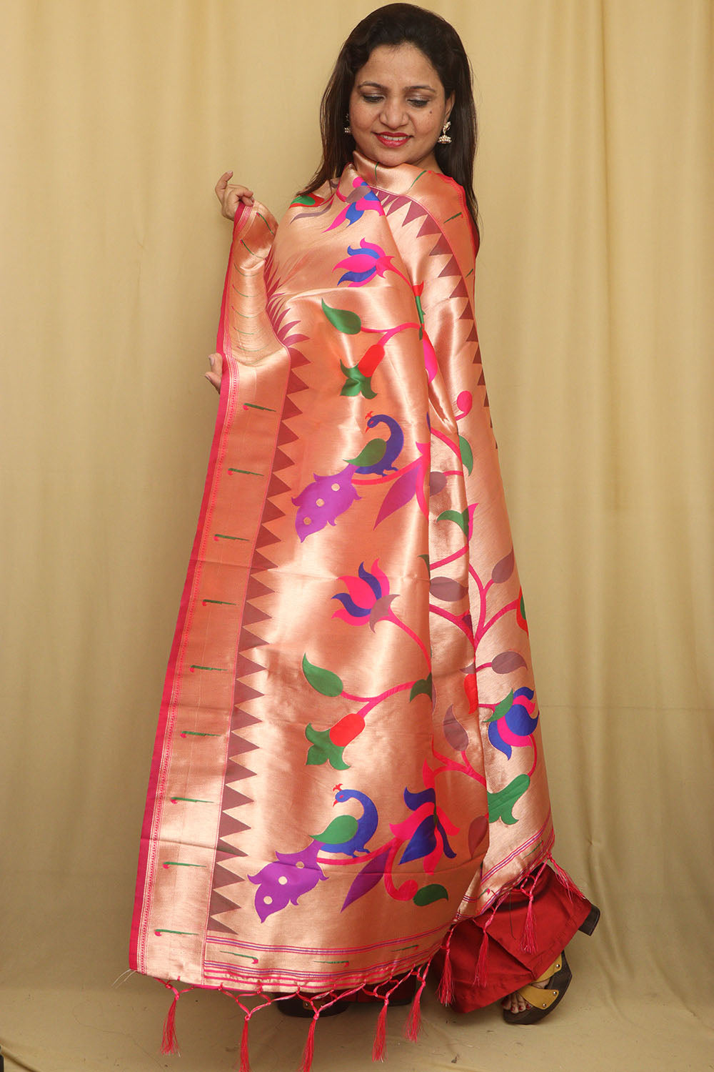 Stunning Pink And Golden Paithani Silk Floral Design Dupatta - Luxurion World