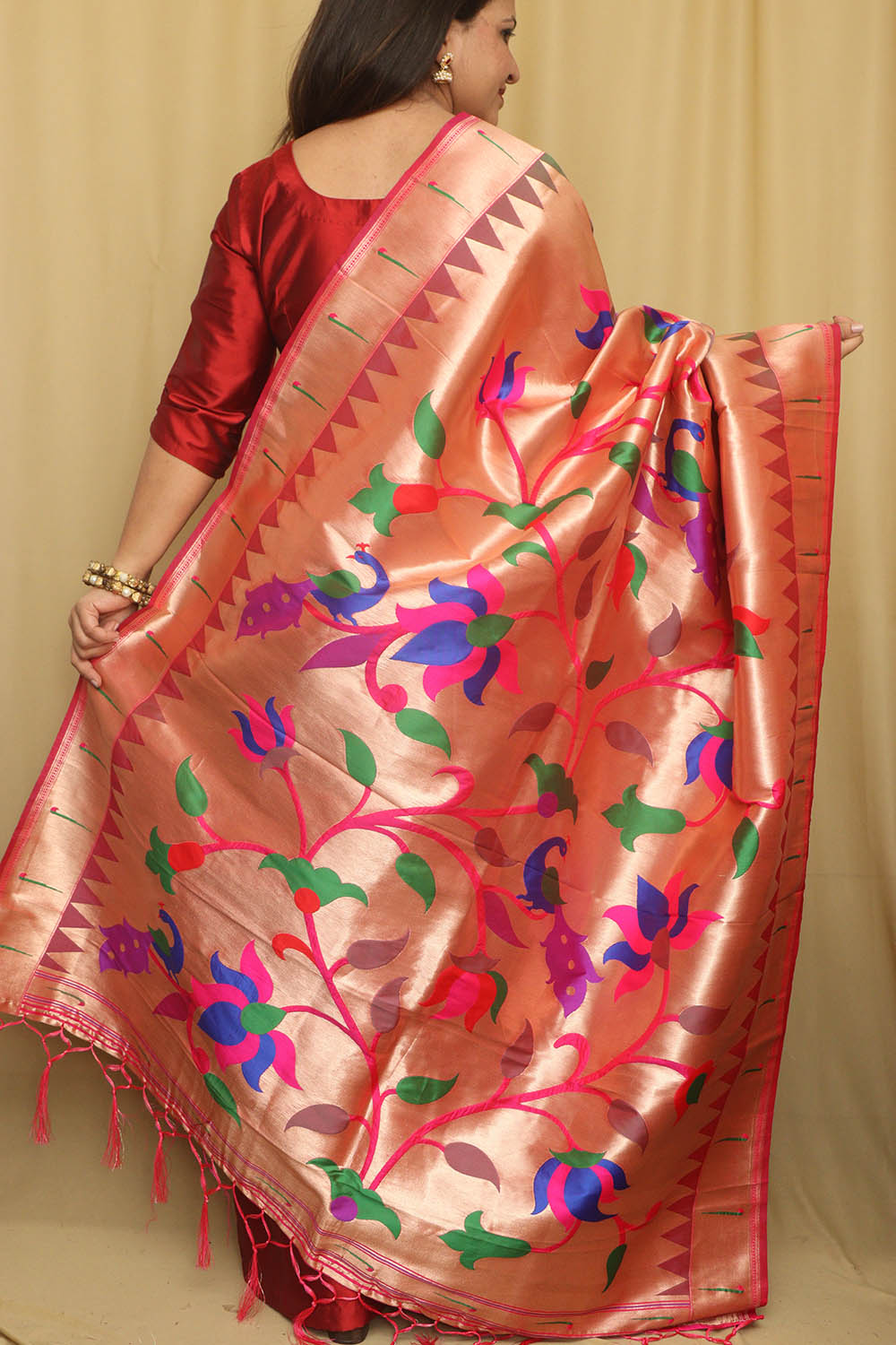 Stunning Pink And Golden Paithani Silk Floral Design Dupatta - Luxurion World