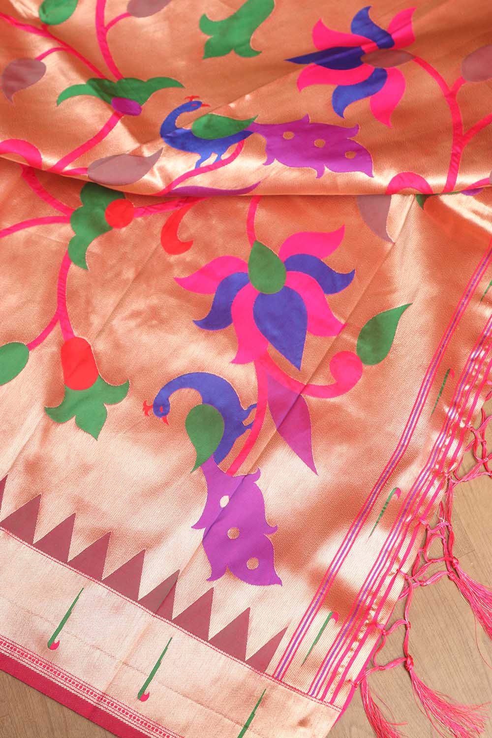 Stunning Pink And Golden Paithani Silk Floral Design Dupatta - Luxurion World