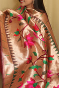Maroon And Golden Paithani Silk Floral Design Dupatta - Luxurion World