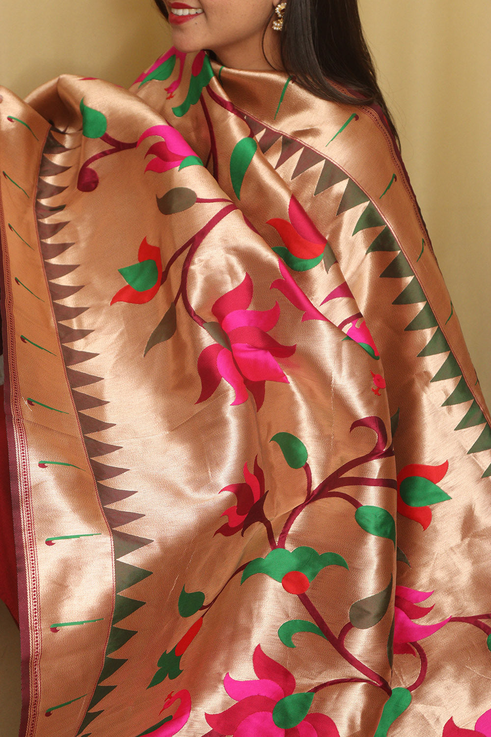 Maroon And Golden Paithani Silk Floral Design Dupatta - Luxurion World