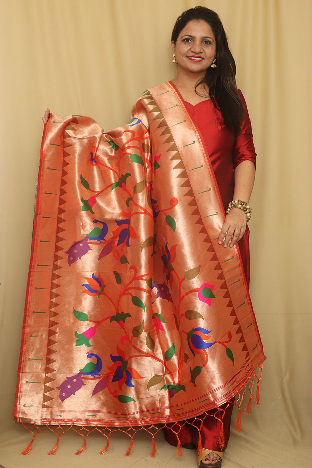 Orange And Golden Paithani Silk Floral Design Dupatta - Luxurion World
