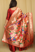 Orange And Golden Paithani Silk Floral Design Dupatta - Luxurion World