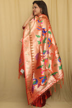 Orange And Golden Paithani Silk Floral Design Dupatta - Luxurion World