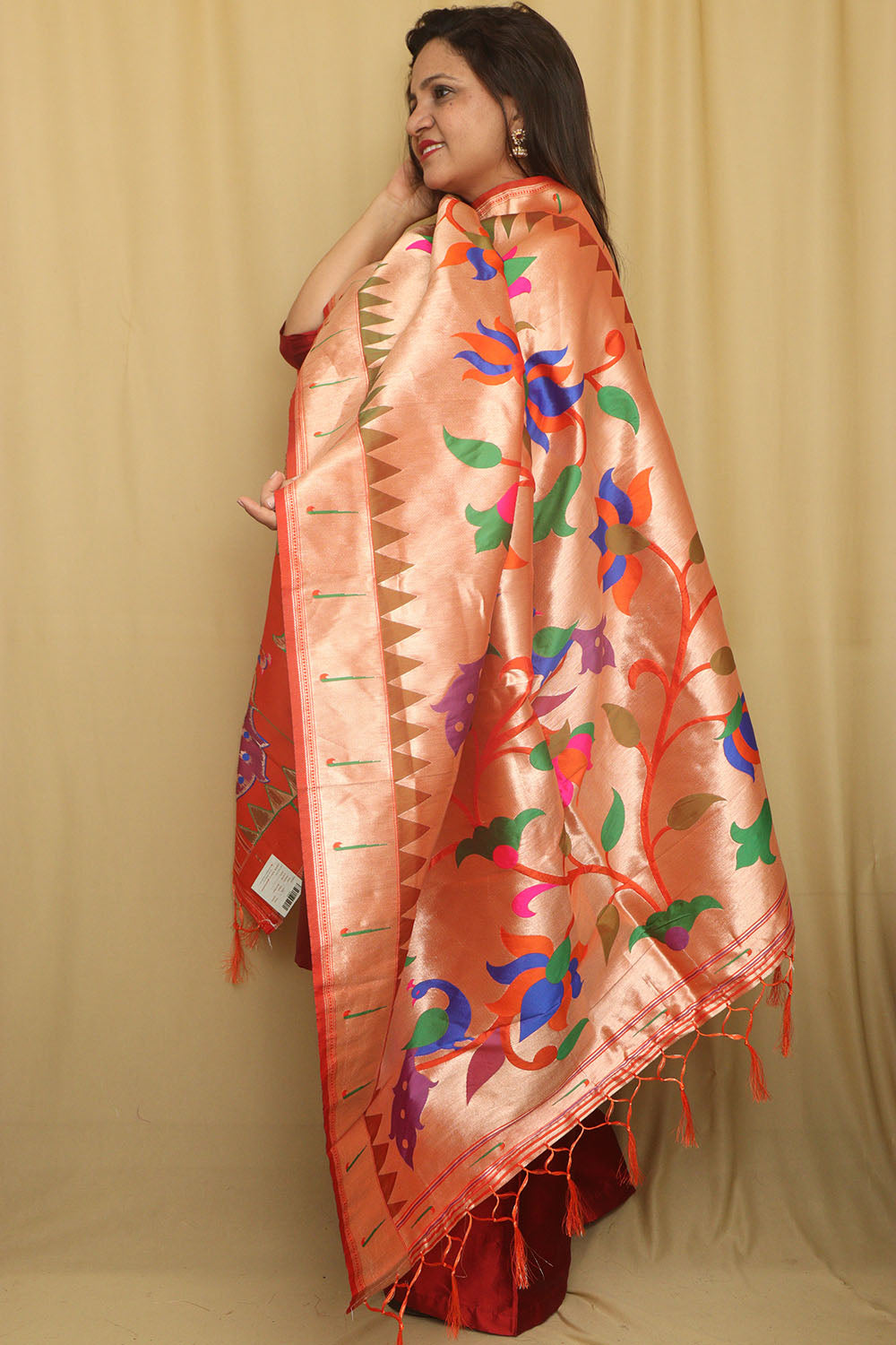 Orange And Golden Paithani Silk Floral Design Dupatta - Luxurion World