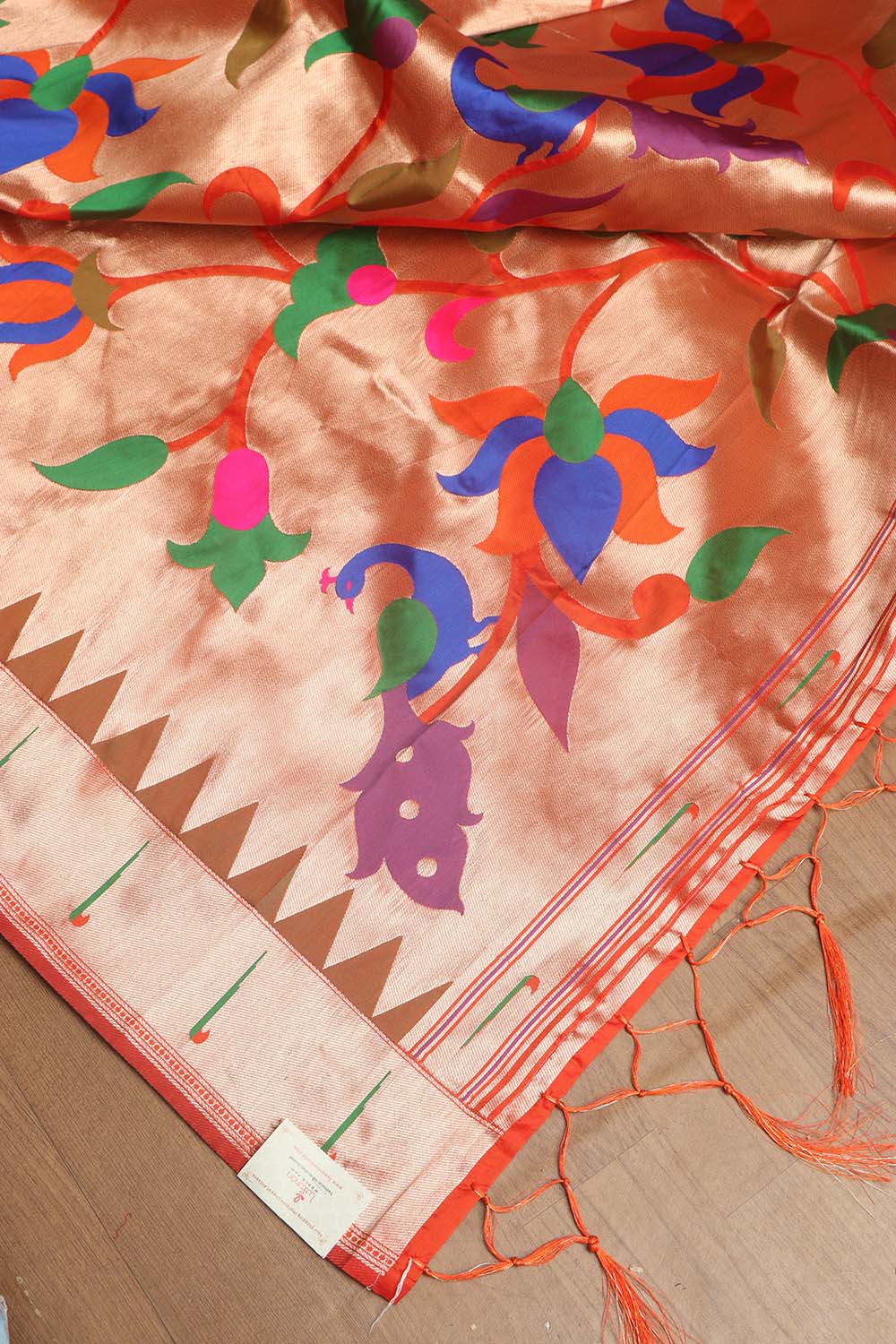 Orange And Golden Paithani Silk Floral Design Dupatta - Luxurion World