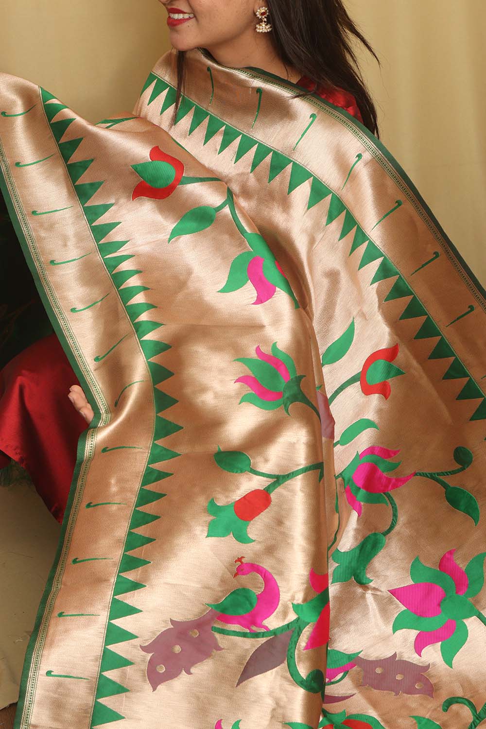 Green And Golden Paithani Silk Floral Design Dupatta - Luxurion World
