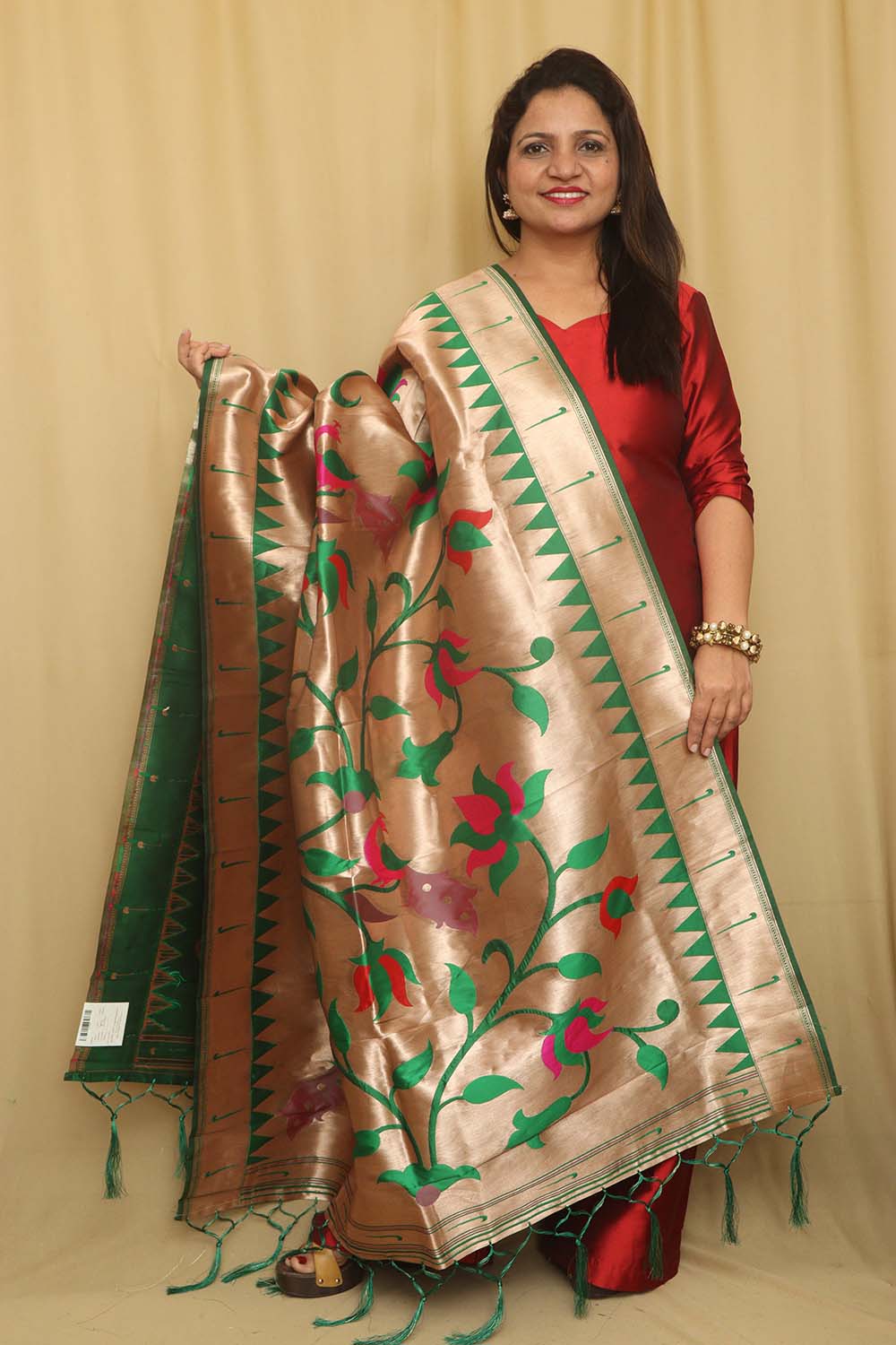 Green And Golden Paithani Silk Floral Design Dupatta - Luxurion World