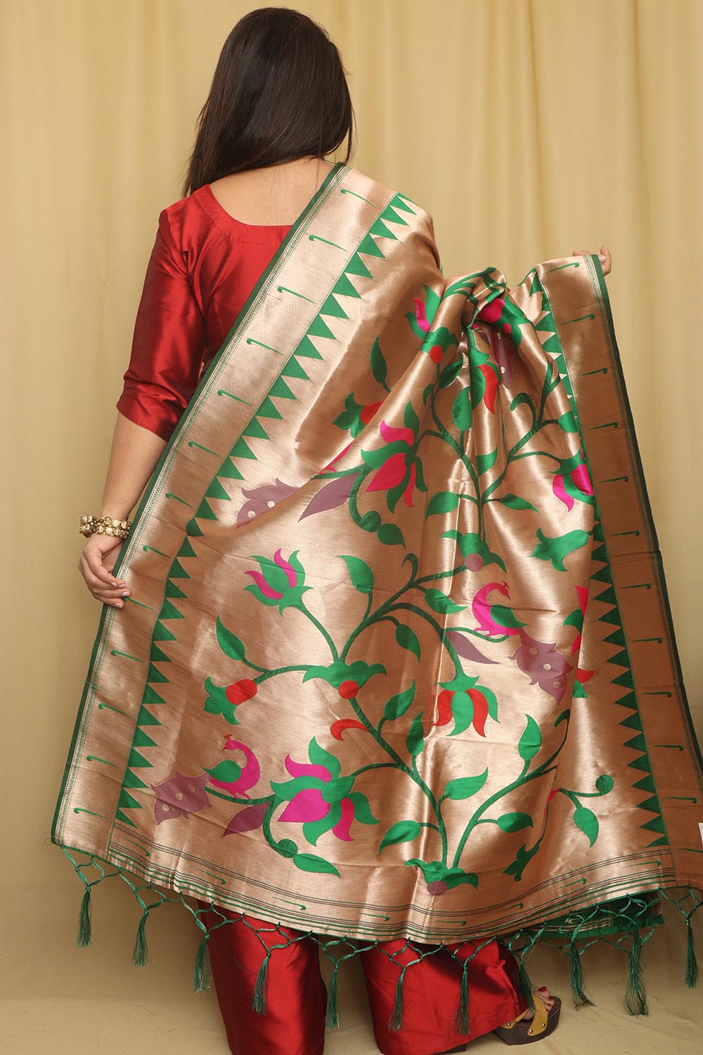Green And Golden Paithani Silk Floral Design Dupatta - Luxurion World