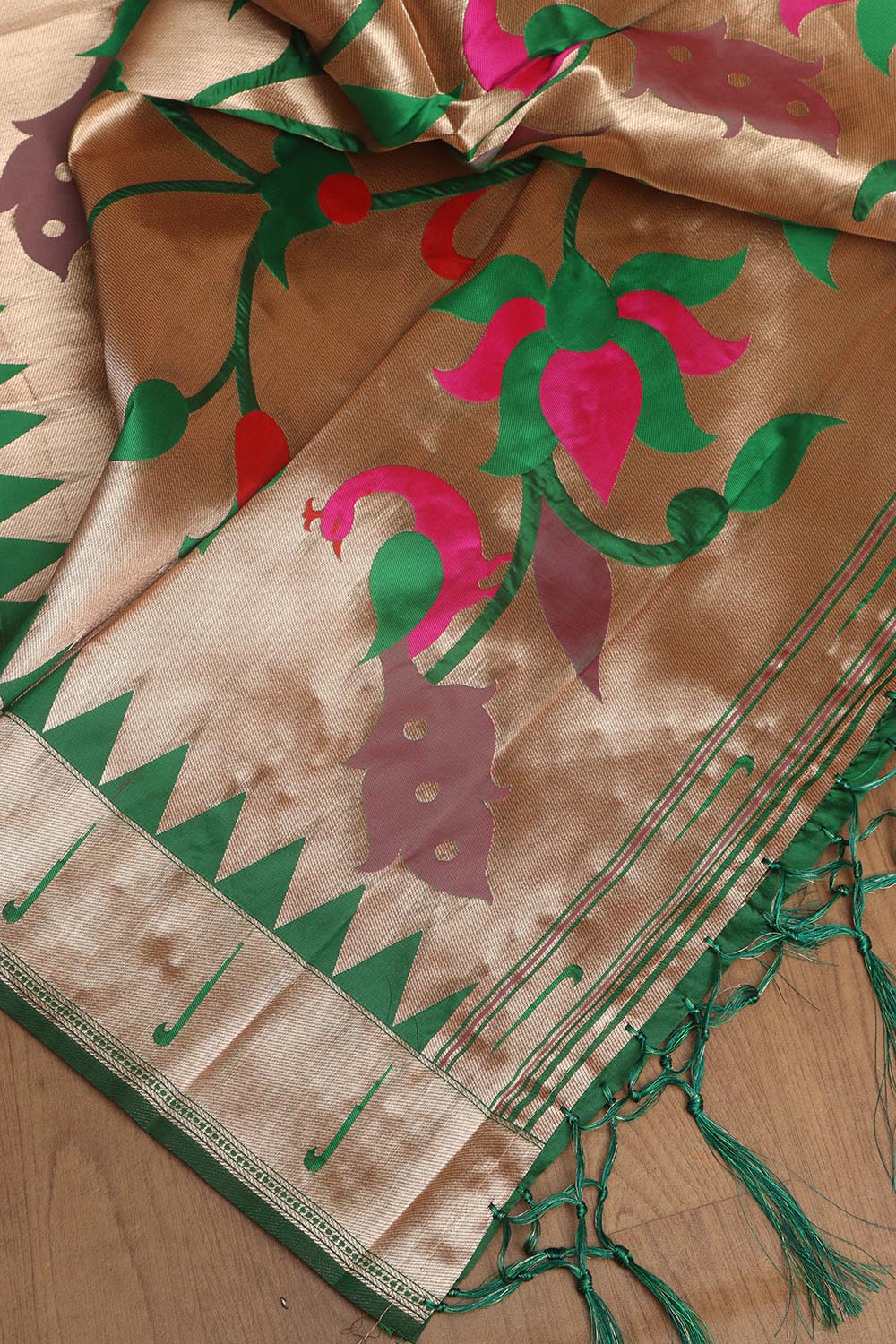 Green And Golden Paithani Silk Floral Design Dupatta - Luxurion World