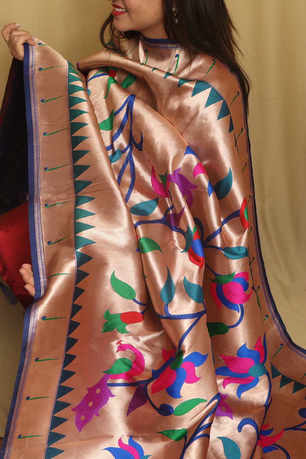 Blue And Golden Paithani Silk Floral Design Dupatta - Luxurion World