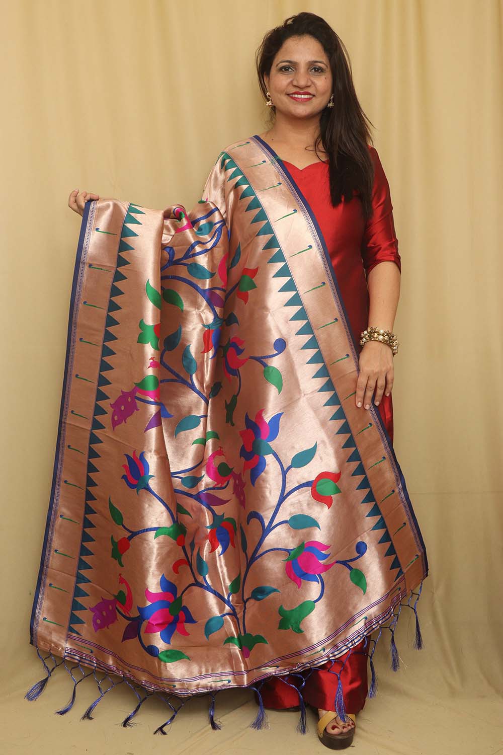 Blue And Golden Paithani Silk Floral Design Dupatta - Luxurion World