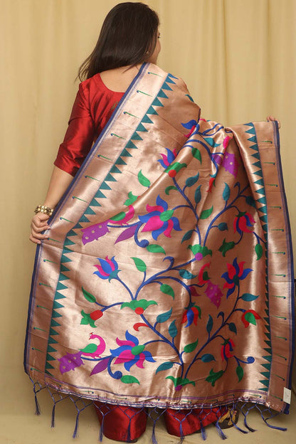 Blue And Golden Paithani Silk Floral Design Dupatta - Luxurion World