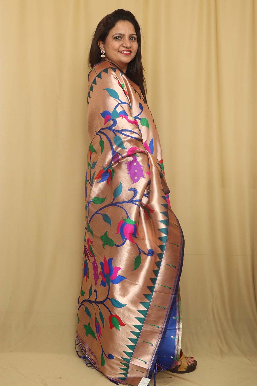 Blue And Golden Paithani Silk Floral Design Dupatta - Luxurion World