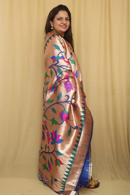 Blue And Golden Paithani Silk Floral Design Dupatta - Luxurion World