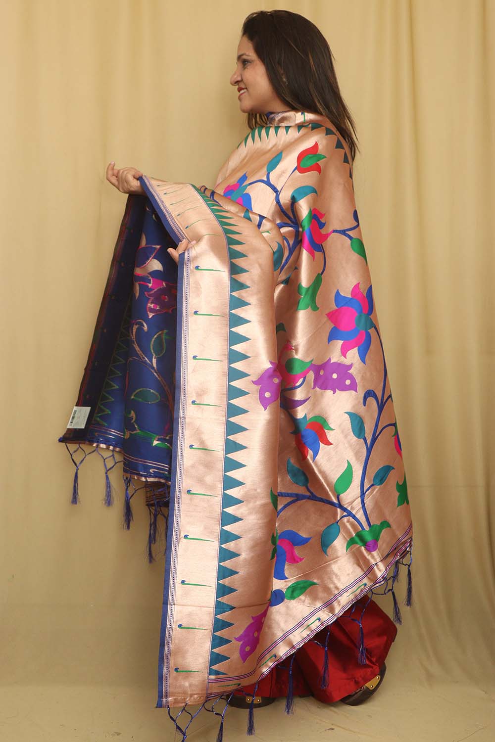 Blue And Golden Paithani Silk Floral Design Dupatta - Luxurion World