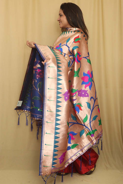 Blue And Golden Paithani Silk Floral Design Dupatta - Luxurion World