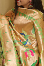Green And Golden Paithani Silk Floral Design Dupatta - Luxurion World