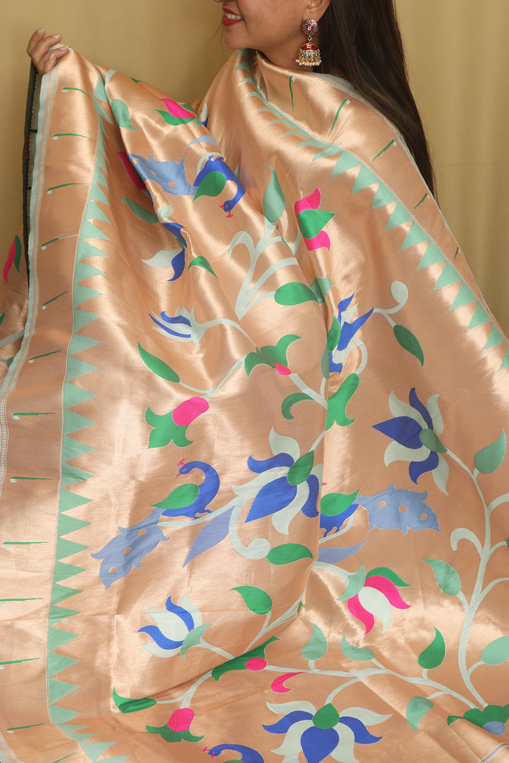 Sea Blue And Golden Paithani Silk Floral Design Dupatta - Luxurion World