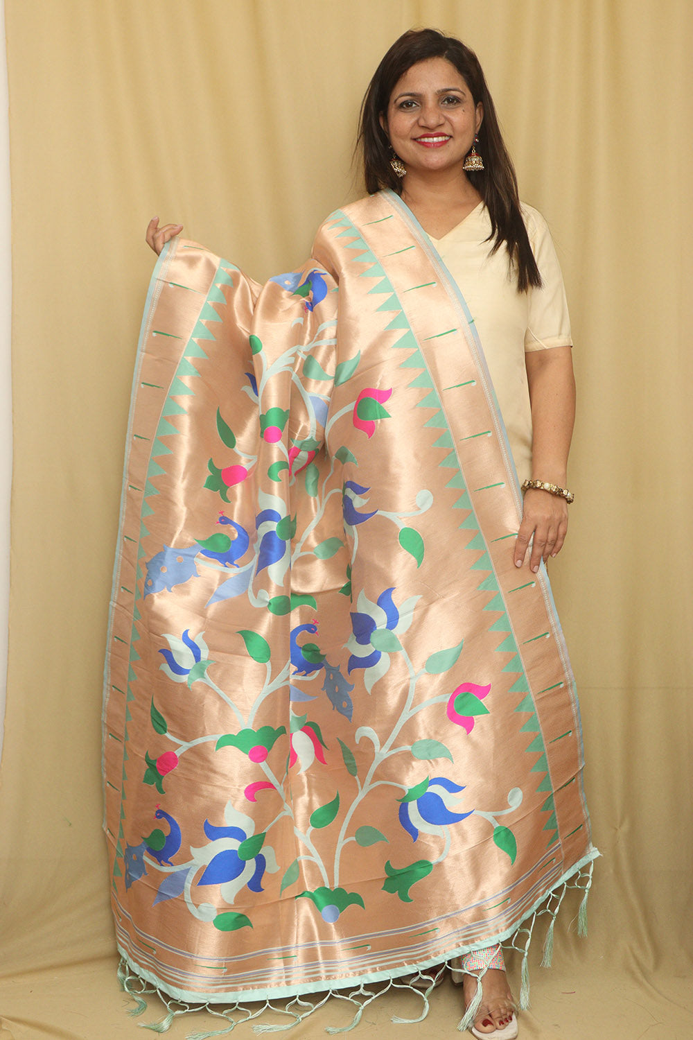 Sea Blue And Golden Paithani Silk Floral Design Dupatta - Luxurion World