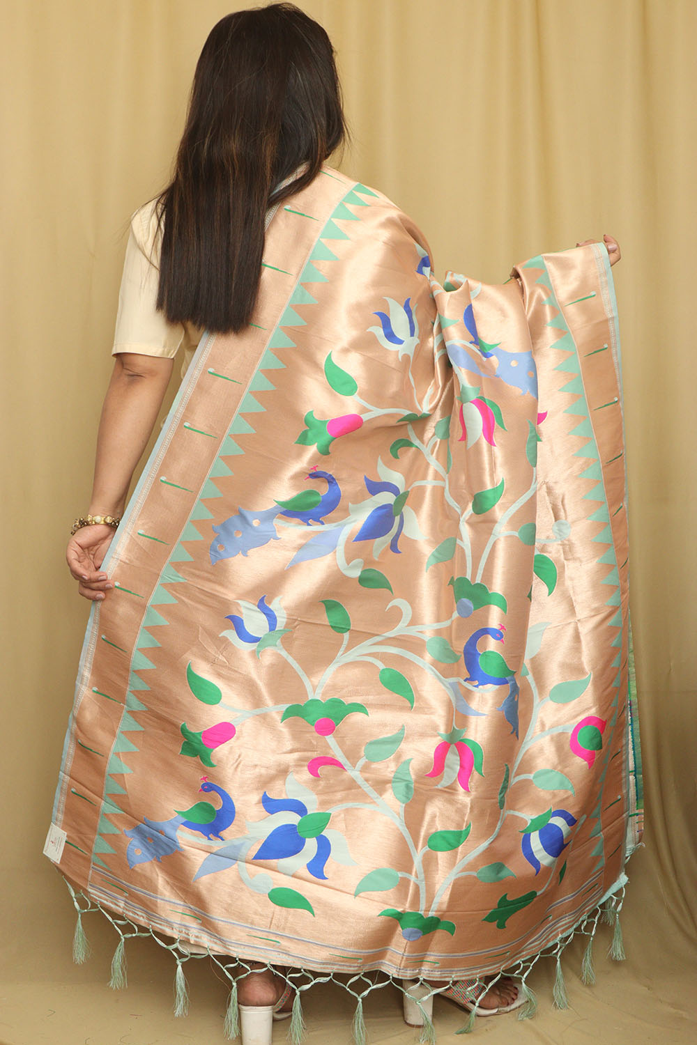 Sea Blue And Golden Paithani Silk Floral Design Dupatta - Luxurion World