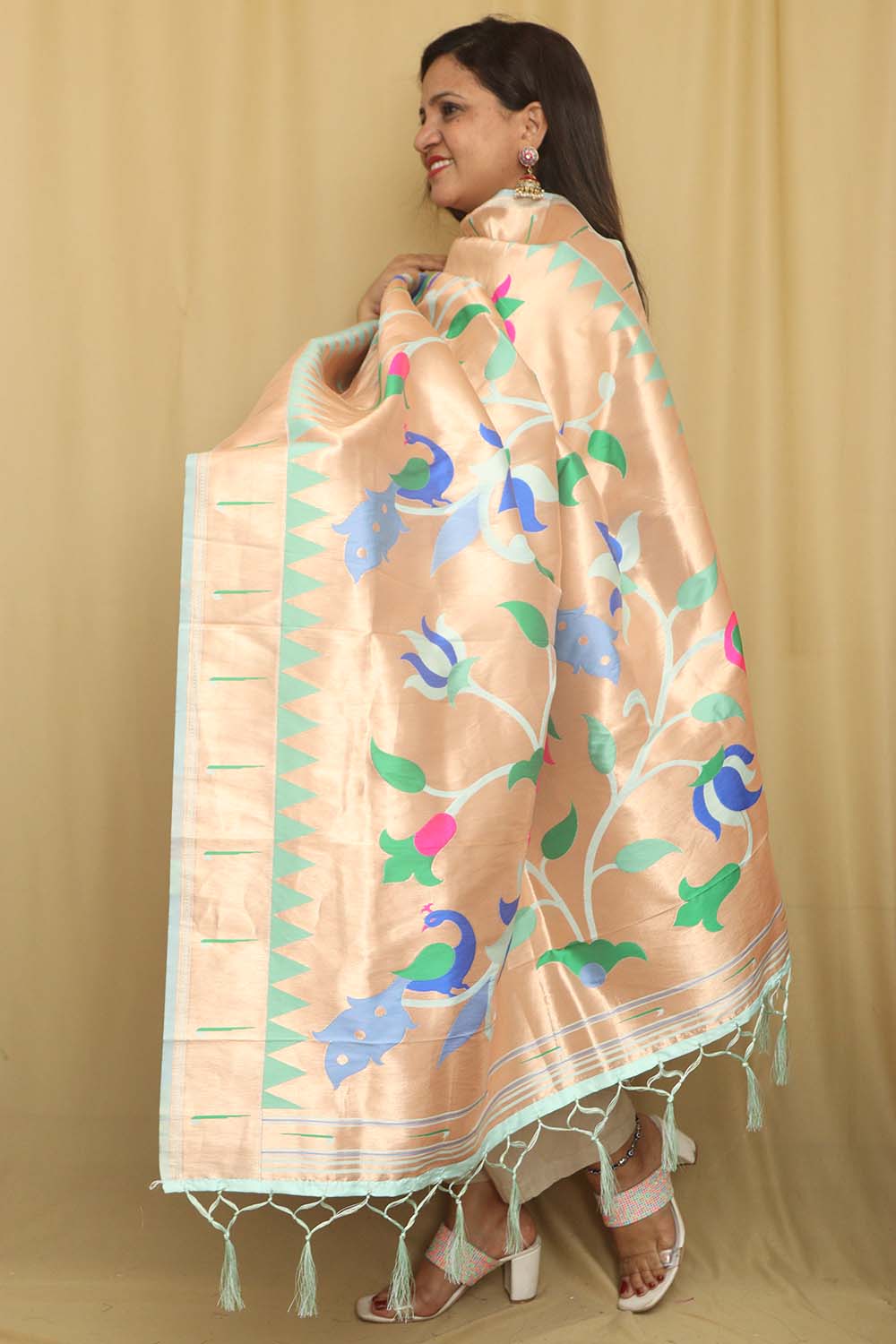 Sea Blue And Golden Paithani Silk Floral Design Dupatta - Luxurion World