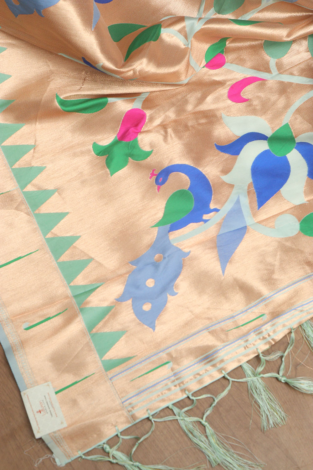 Sea Blue And Golden Paithani Silk Floral Design Dupatta - Luxurion World