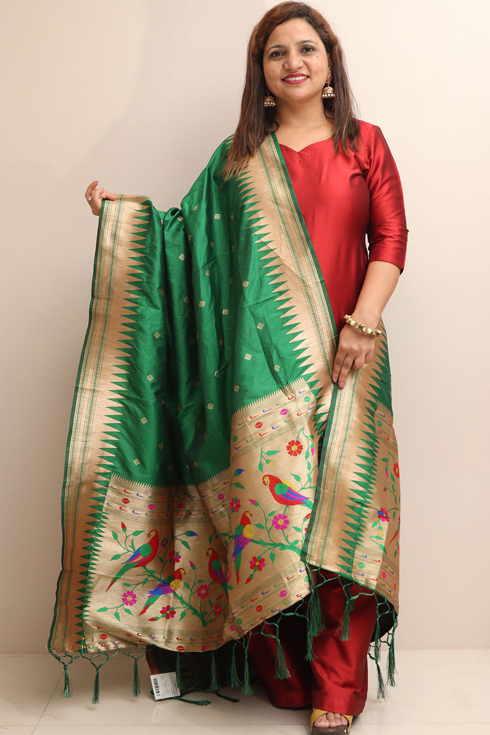 Green Paithani Silk Bird & Floral Design Dupatta - Luxurion World