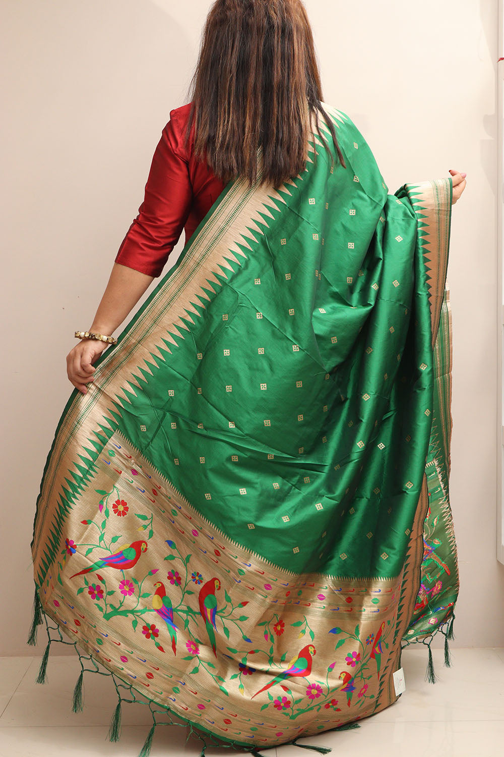 Green Paithani Silk Bird & Floral Design Dupatta - Luxurion World