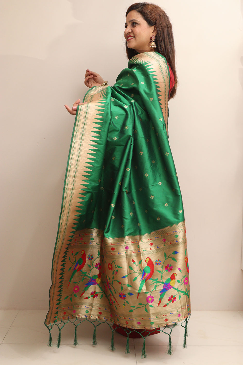 Green Paithani Silk Bird & Floral Design Dupatta - Luxurion World