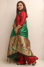 Green Paithani Silk Bird & Floral Design Dupatta - Luxurion World