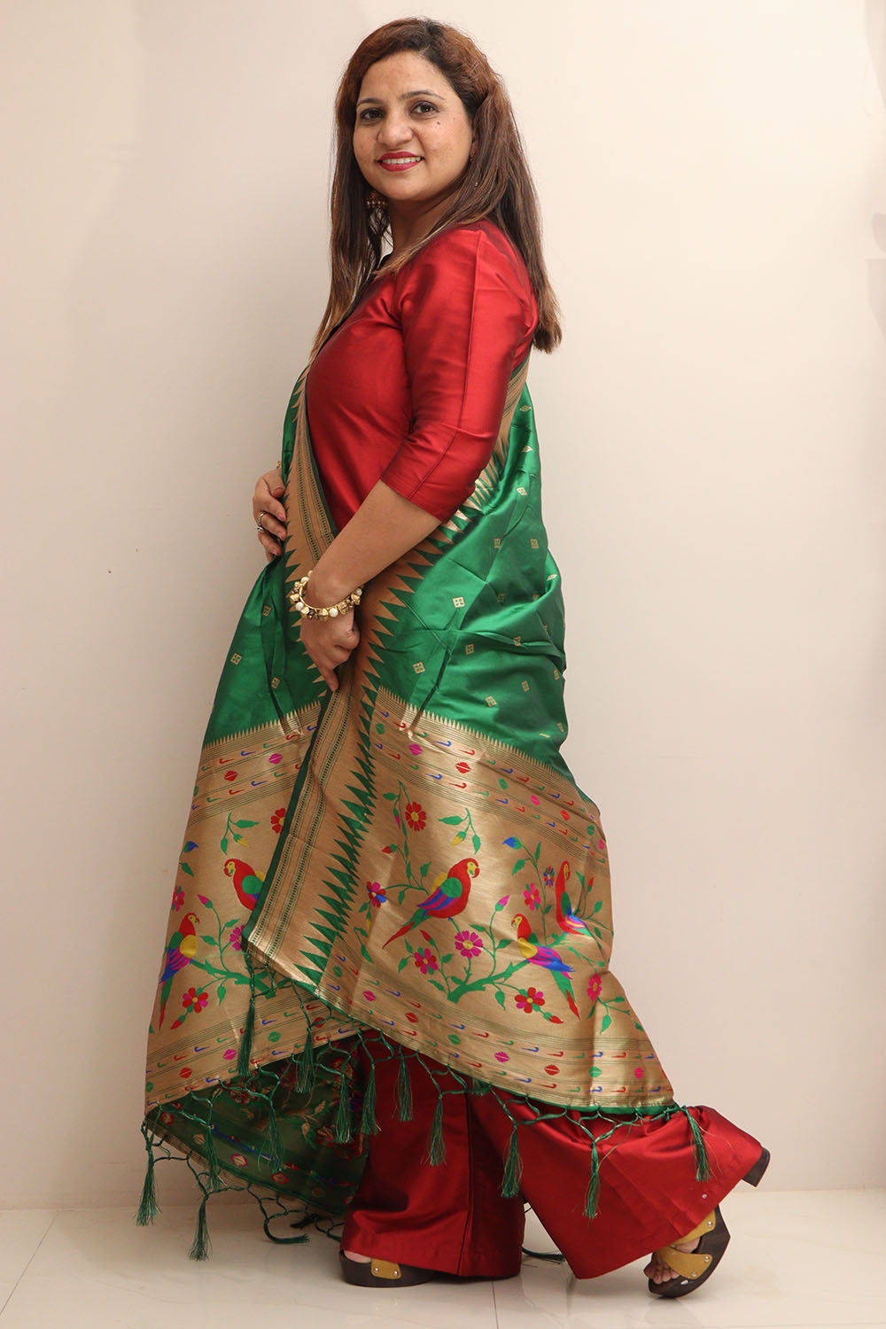 Green Paithani Silk Bird & Floral Design Dupatta - Luxurion World