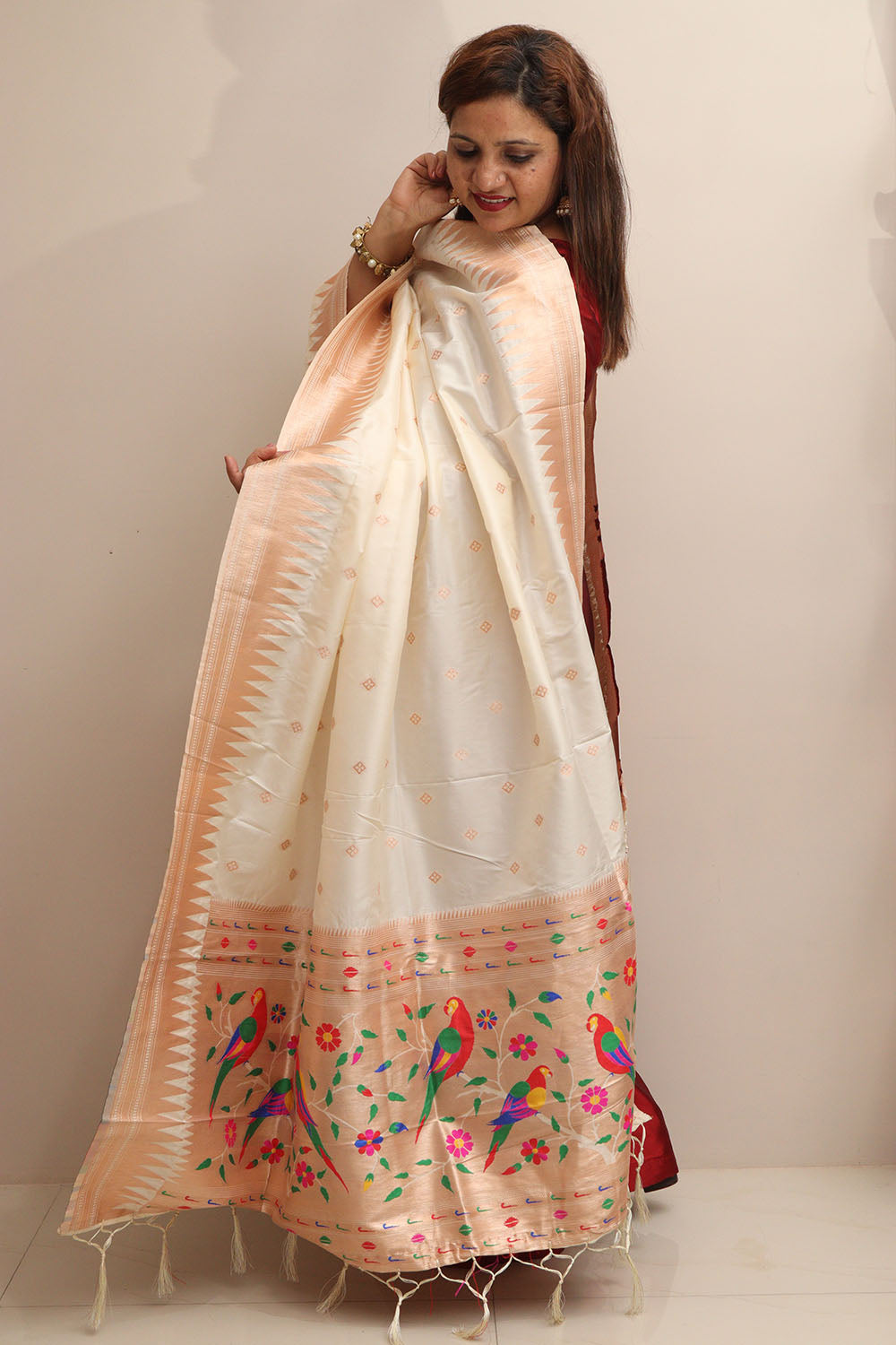 Elegant Off White Paithani Silk Bird & Floral Design Dupatta - Luxurion World