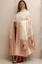 Elegant Off White Paithani Silk Bird & Floral Design Dupatta - Luxurion World