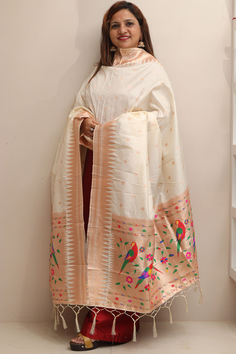 Elegant Off White Paithani Silk Bird & Floral Design Dupatta - Luxurion World