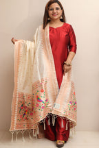 Elegant Off White Paithani Silk Bird & Floral Design Dupatta - Luxurion World