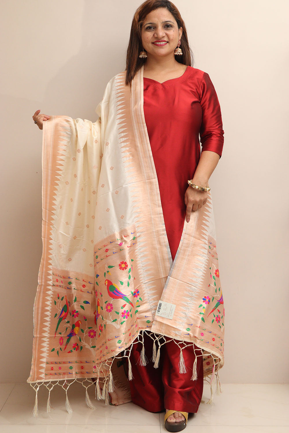 Elegant Off White Paithani Silk Bird & Floral Design Dupatta - Luxurion World