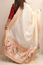 Elegant Off White Paithani Silk Bird & Floral Design Dupatta - Luxurion World