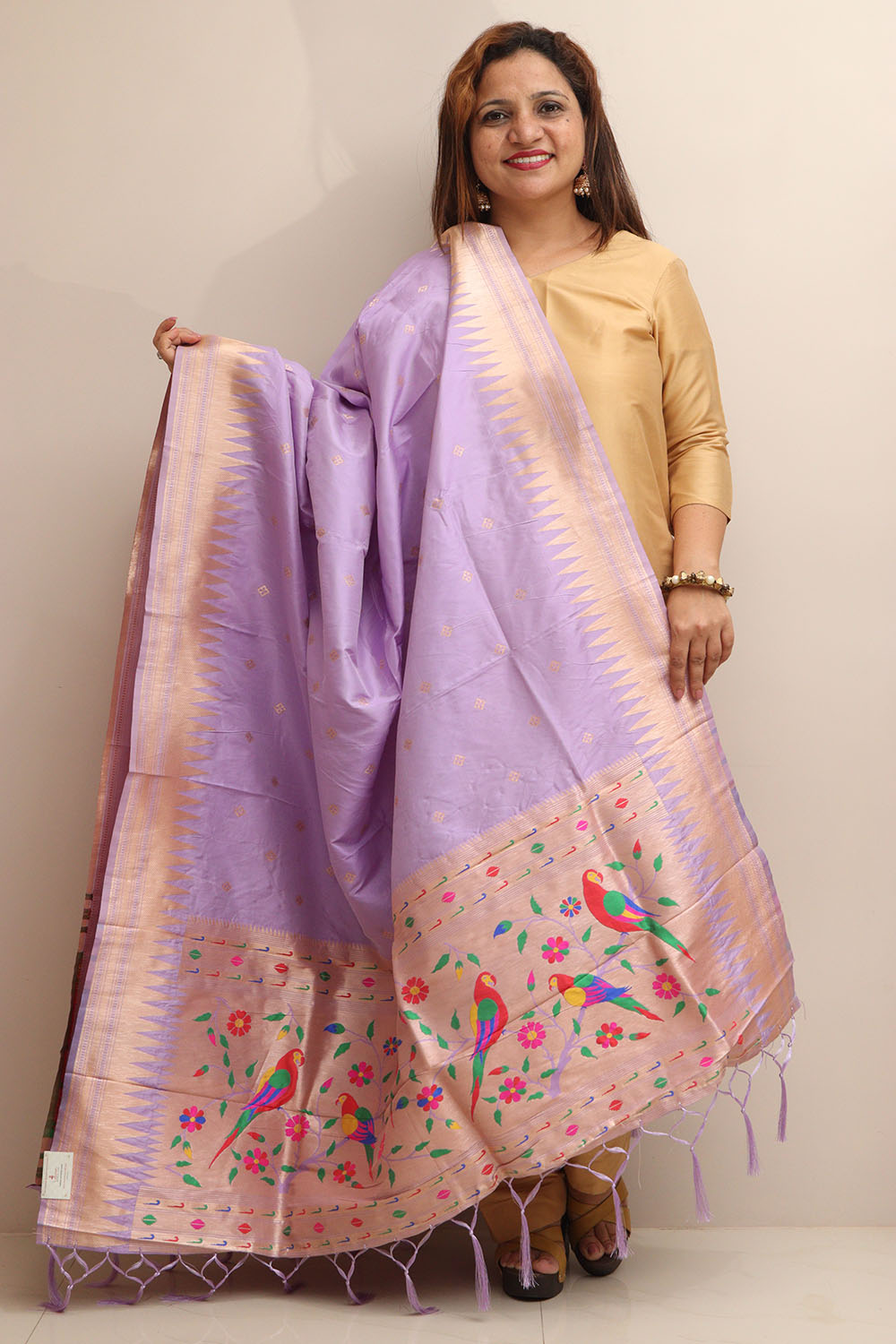 Elegant Purple Paithani Silk Bird & Floral Design Dupatta - Luxurion World