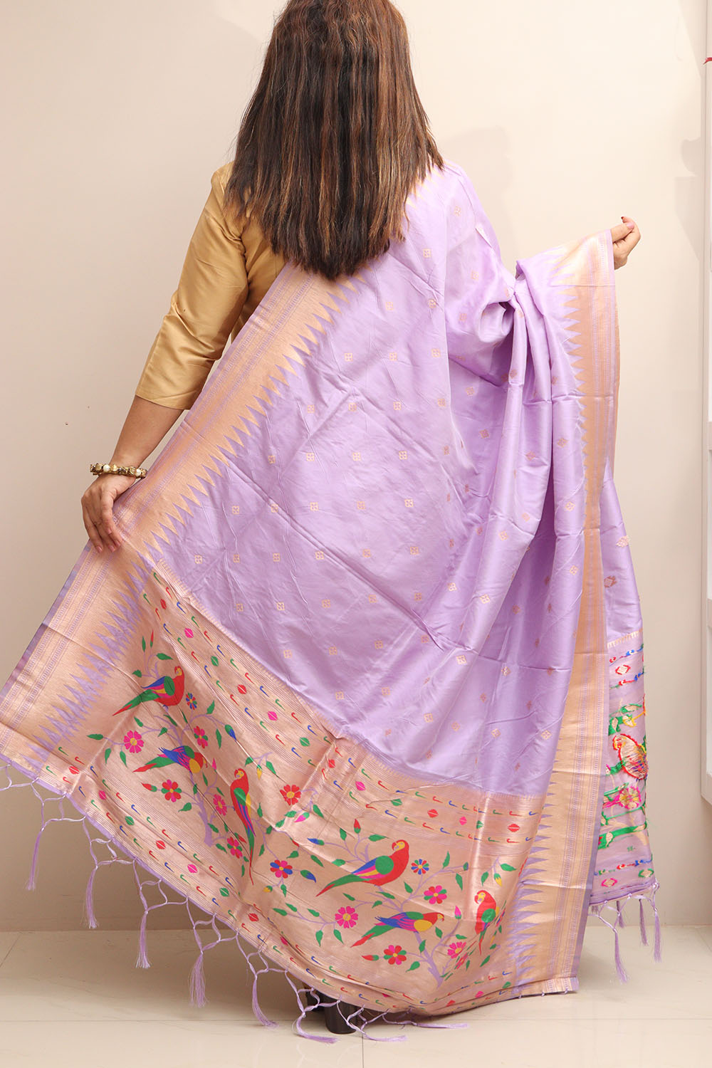 Elegant Purple Paithani Silk Bird & Floral Design Dupatta - Luxurion World
