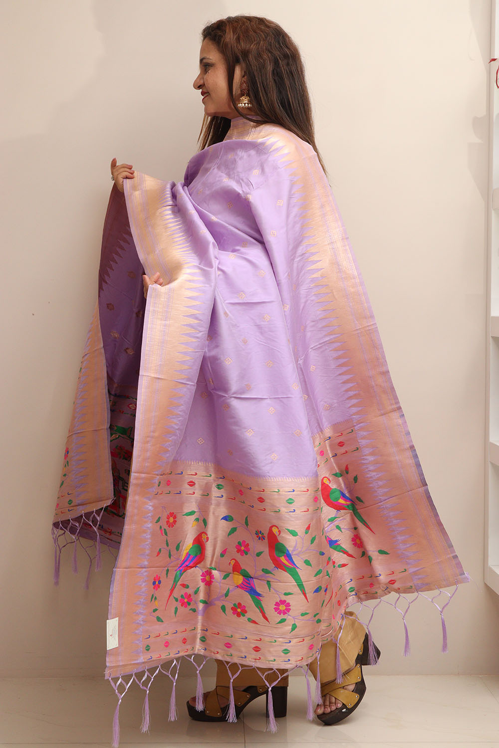 Elegant Purple Paithani Silk Bird & Floral Design Dupatta - Luxurion World