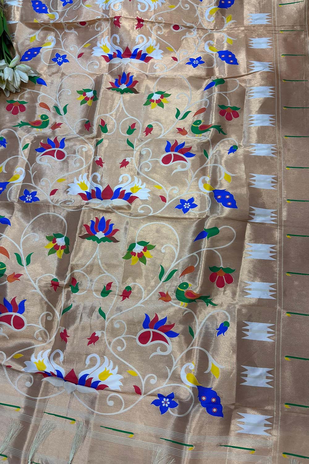 Golden And White Paithani Silk Bird & Floral Design Dupatta - Luxurion World