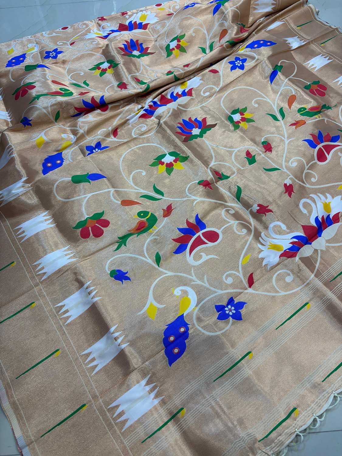 Golden And White Paithani Silk Bird & Floral Design Dupatta - Luxurion World