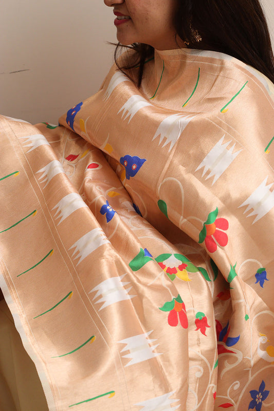 Golden And White Paithani Silk Bird & Floral Design Dupatta - Luxurion World