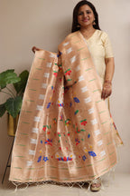 Golden And White Paithani Silk Bird & Floral Design Dupatta - Luxurion World