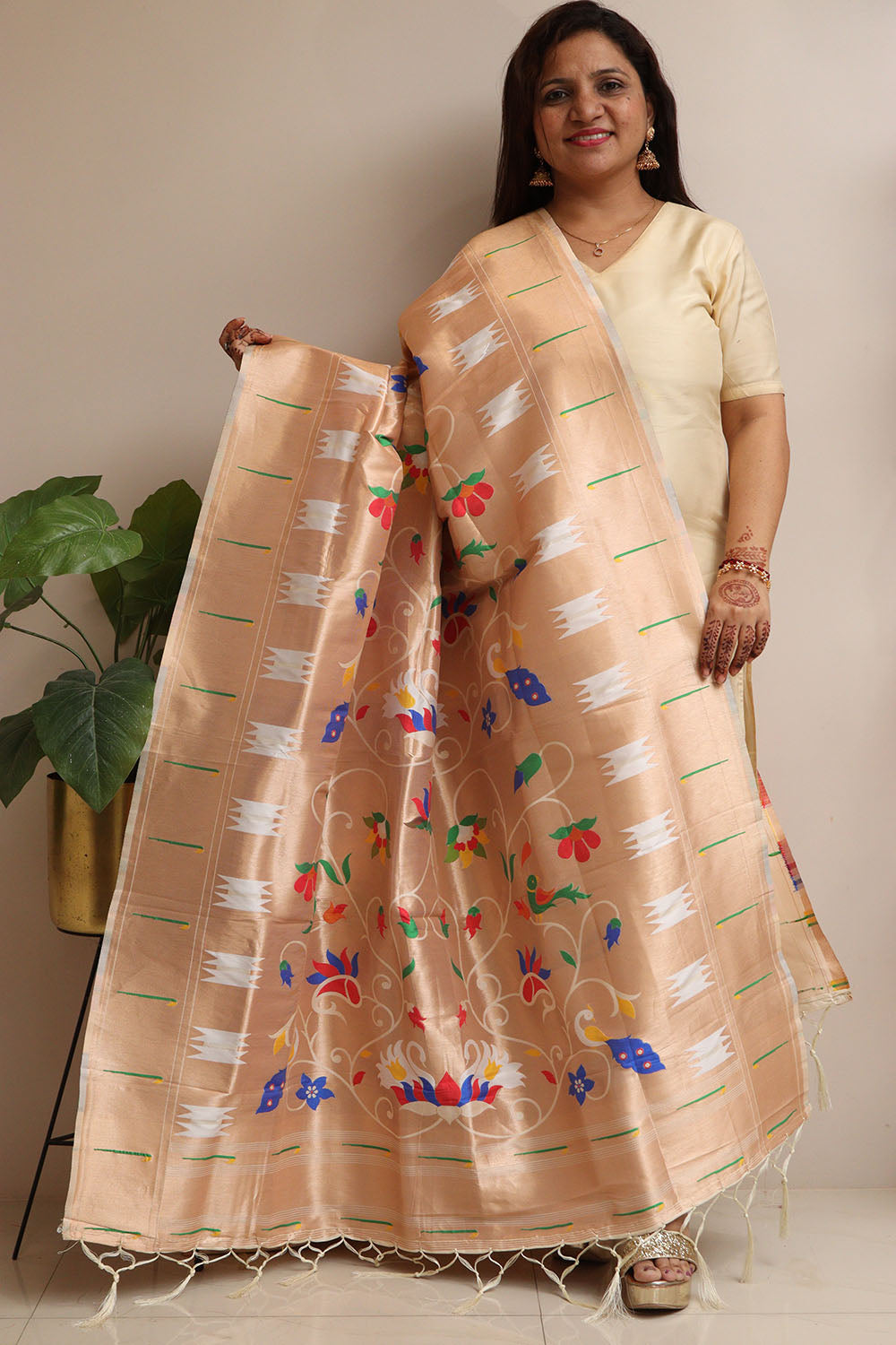 Golden And White Paithani Silk Bird & Floral Design Dupatta - Luxurion World