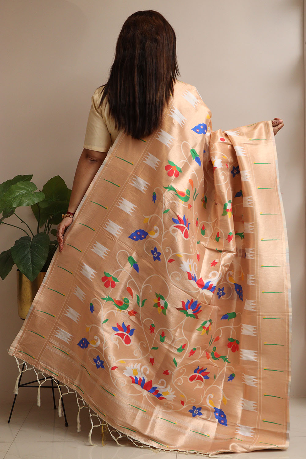 Golden And White Paithani Silk Bird & Floral Design Dupatta - Luxurion World