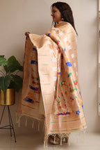 Golden And White Paithani Silk Bird & Floral Design Dupatta - Luxurion World