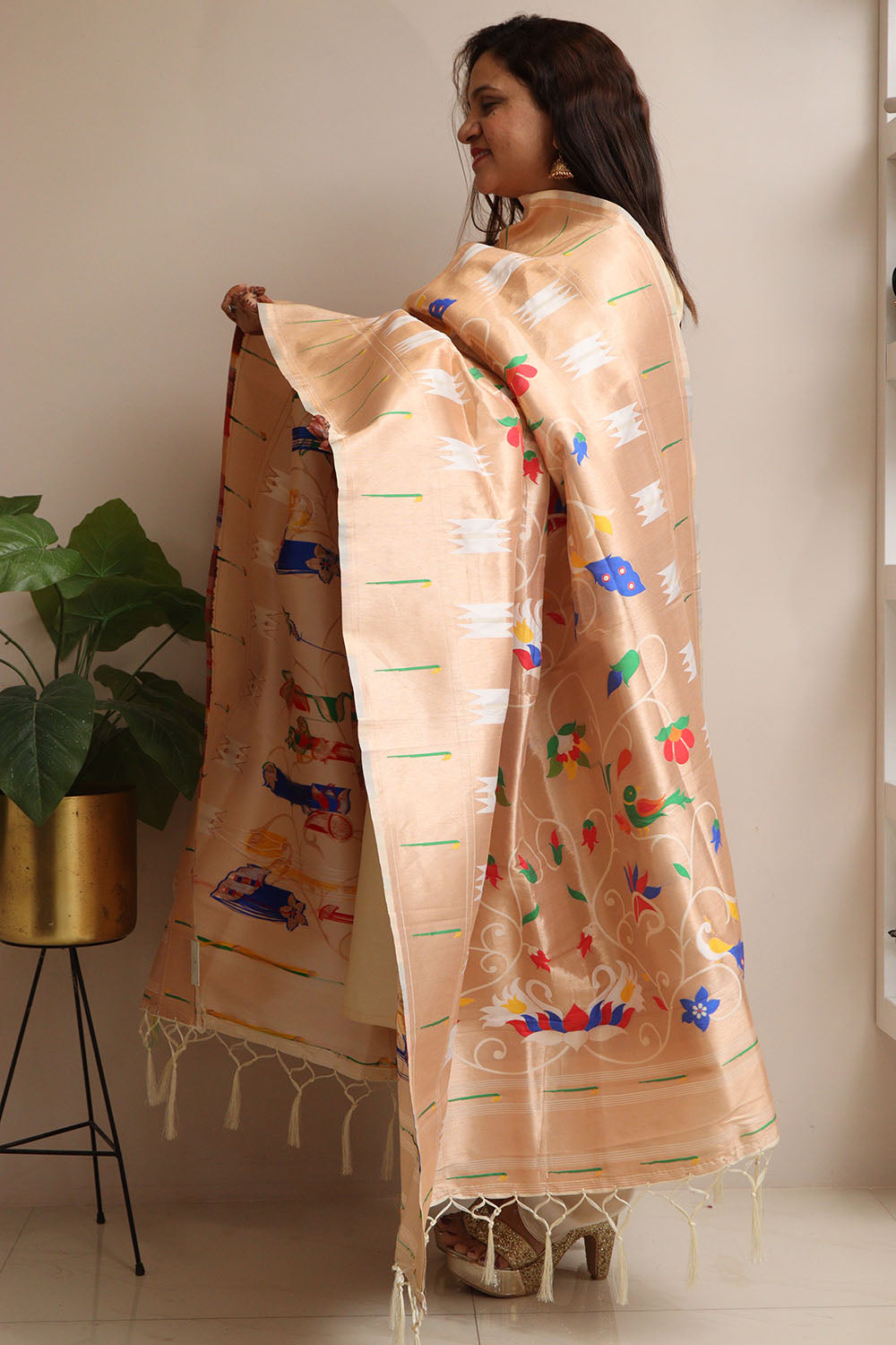 Golden And White Paithani Silk Bird & Floral Design Dupatta - Luxurion World